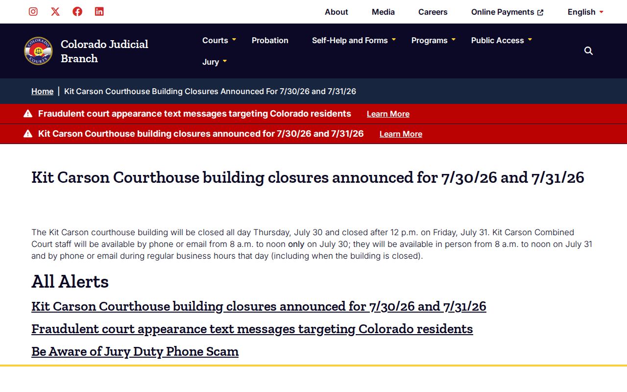 Kit Carson County court dockets courthouse closure notice