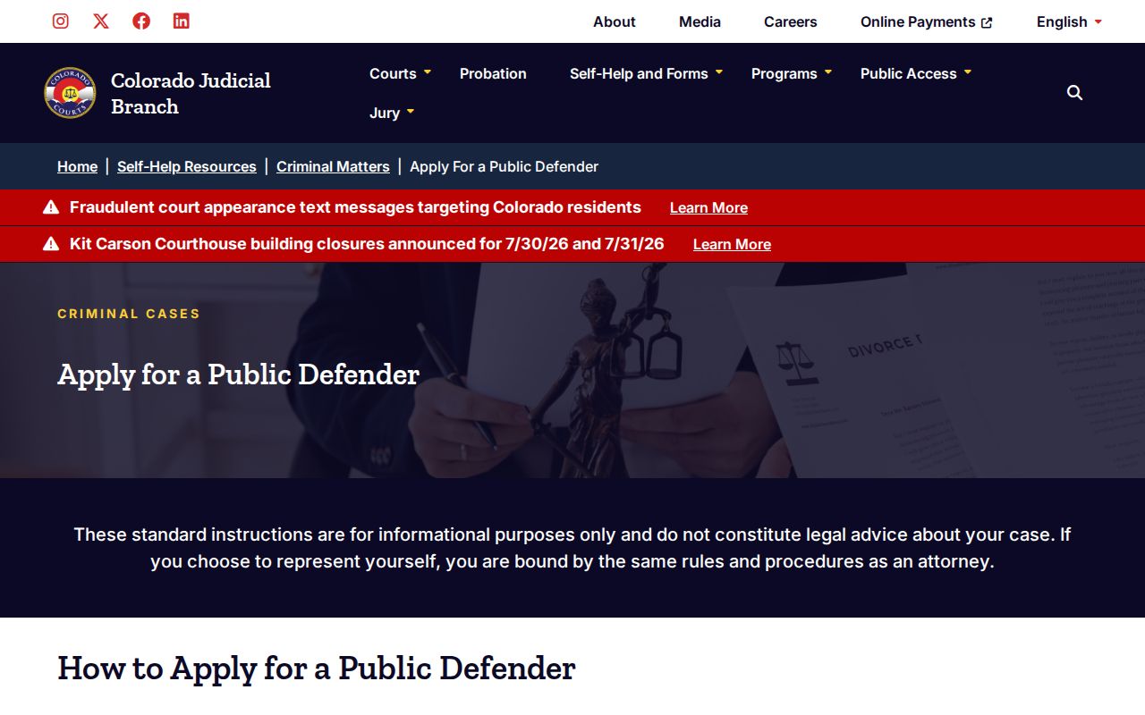 Kit Carson County court dockets public defender application page