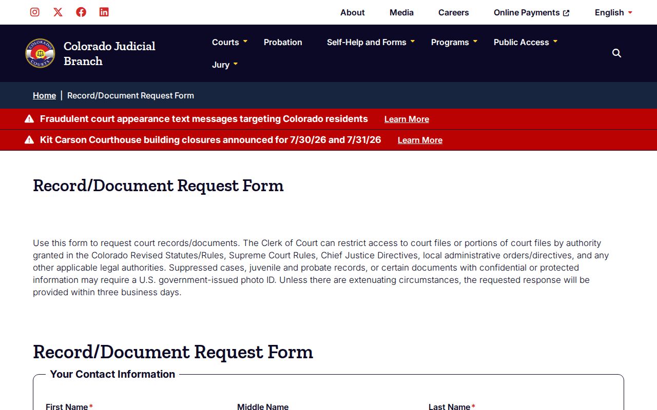 Kit Carson County court records record document request form