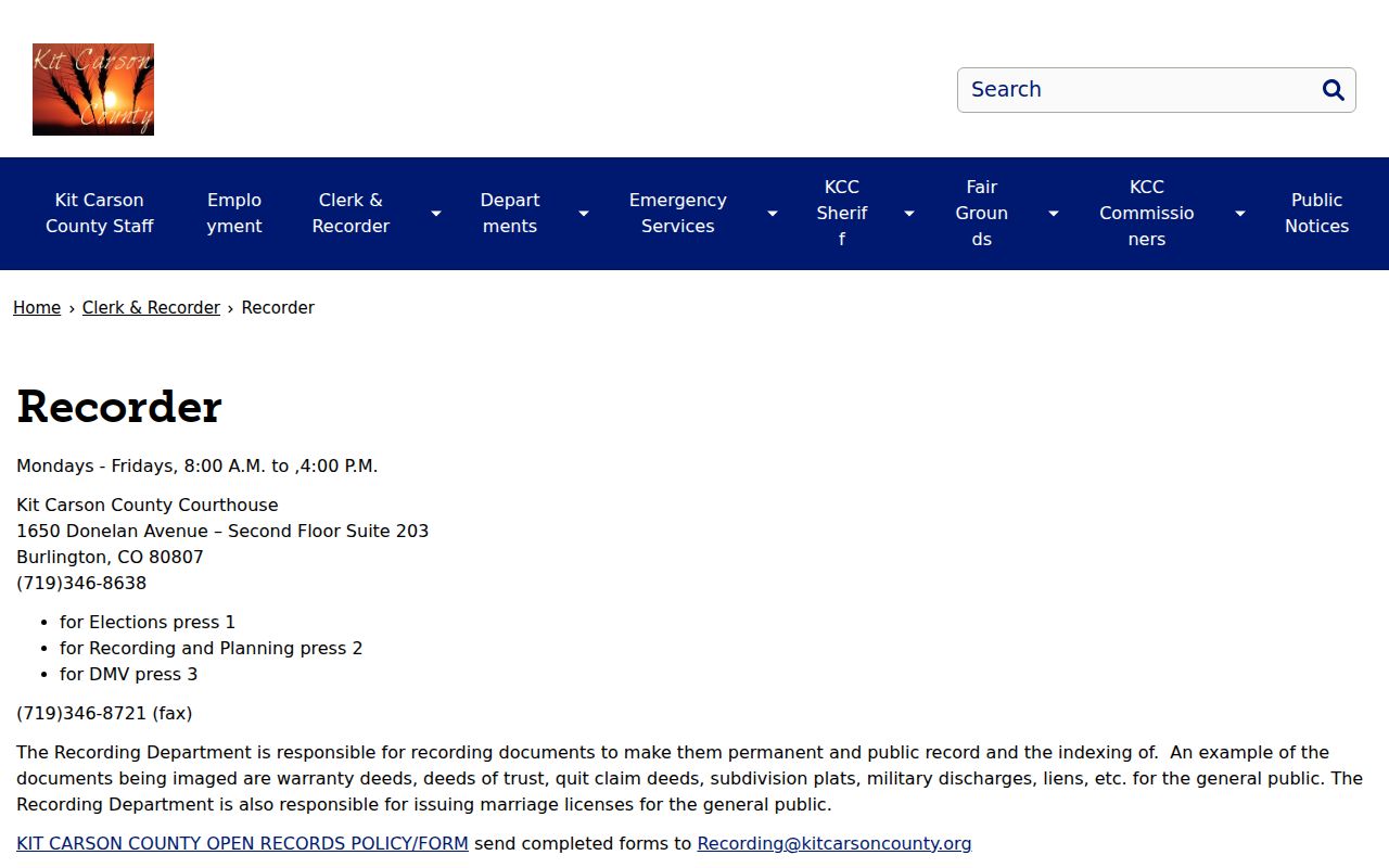 Kit Carson County marriage records recorder search page