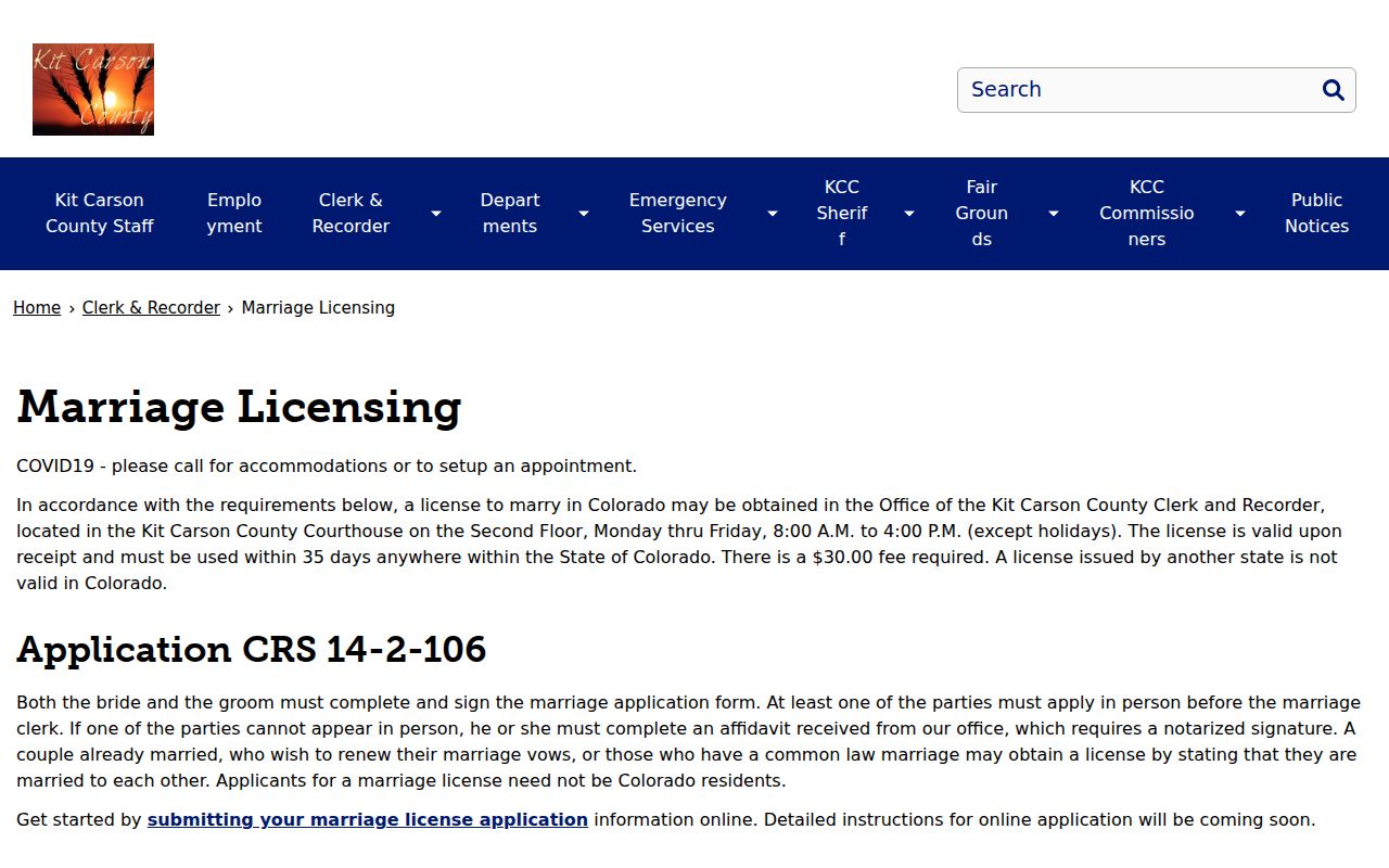 Kit Carson County marriage records marriage licensing page